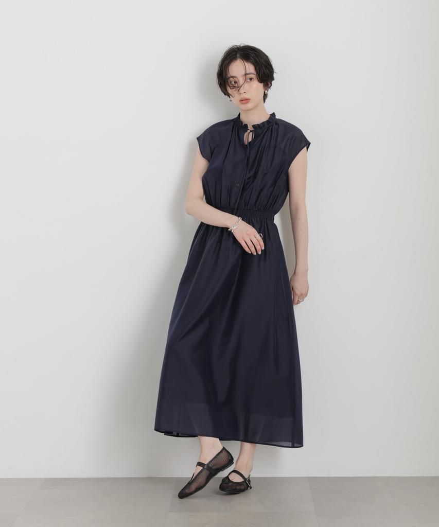 Sheer Satin Frill Collar Shirring M [Nano Universe] Dress, Women's 120, Navy, 669-6219306