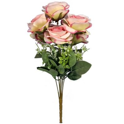 Artificial Bouquet of 7 Roses Height 45cm Color Light Pink - Realistic Decorative Flowers