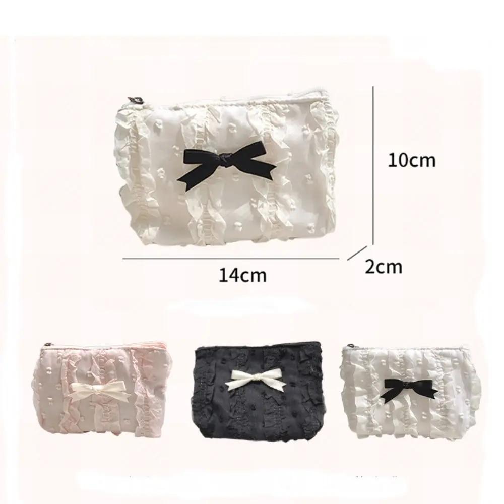 Cute Bow Girls Storage Bag Solid Color Soft Coin Purse Lipstick Headphone Bag Large Capacity Lace Clutch Bag