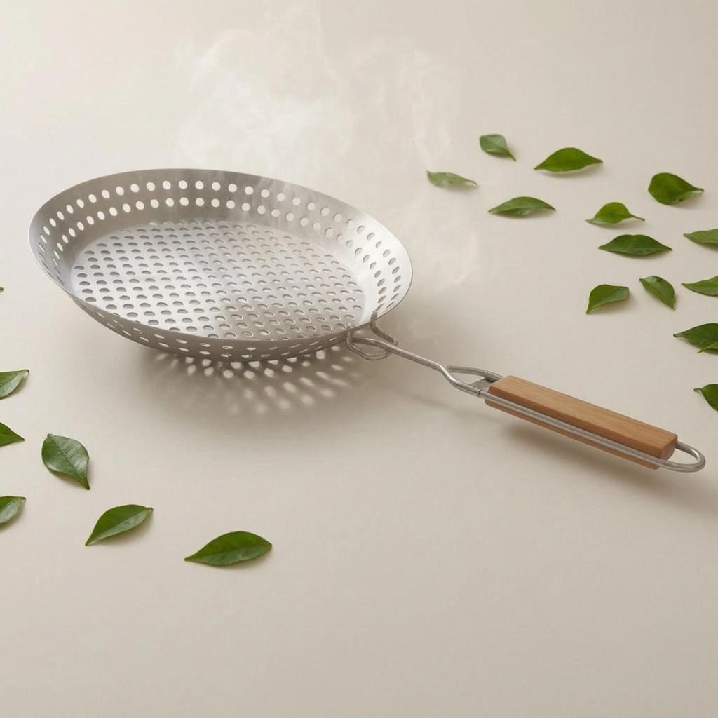 Stainless Steel Perforated Grilling Pan with Detachable Handle Portable Round Barbecue