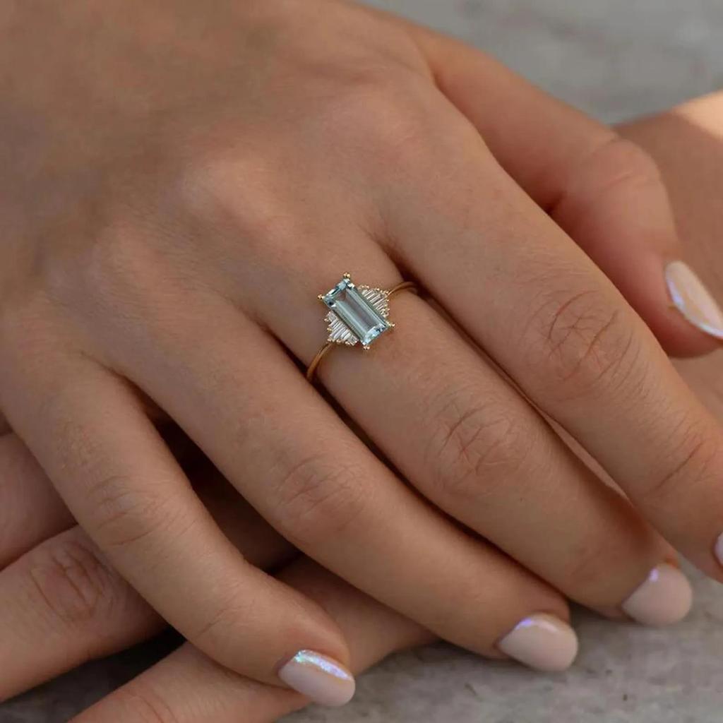 Women’s Emerald Cut Green Gemstone Ring – Gold Plated Band with Baguette Accents, Elegant Statement Jewelry Gift for Her