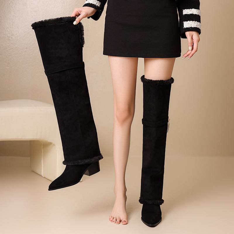 Krazing Pot Flock Pointed Toe Thick High Heels Thigh High Boots Size 46 Size 45 Slip On Plus Size Women Keep Warm Over-the-knee Boots