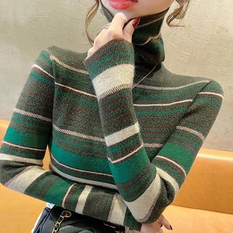 Autumn Winter 2024 Women Korean Fashion Striped High Collar Basic Knitted Sweater Vintage Elegant Long Sleeve Slim Pullover Tops