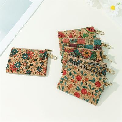 Geldbörse mit Retro-Print für Damen und Herren, Kork, Mini-Geldbörse, kleine Tasche, Schlüsselanhänger, Ring, Wechselgeldbörse, Reißverschluss, Geldbeutel, quadratische Clutch
