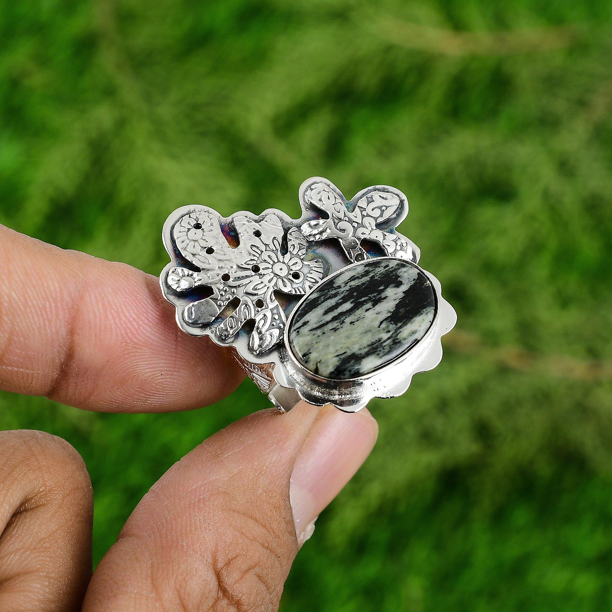 

Womens day Deal Sterling Silver Silver Leaf Jasper Stone Bezel Handcrafted Ring Adjustable