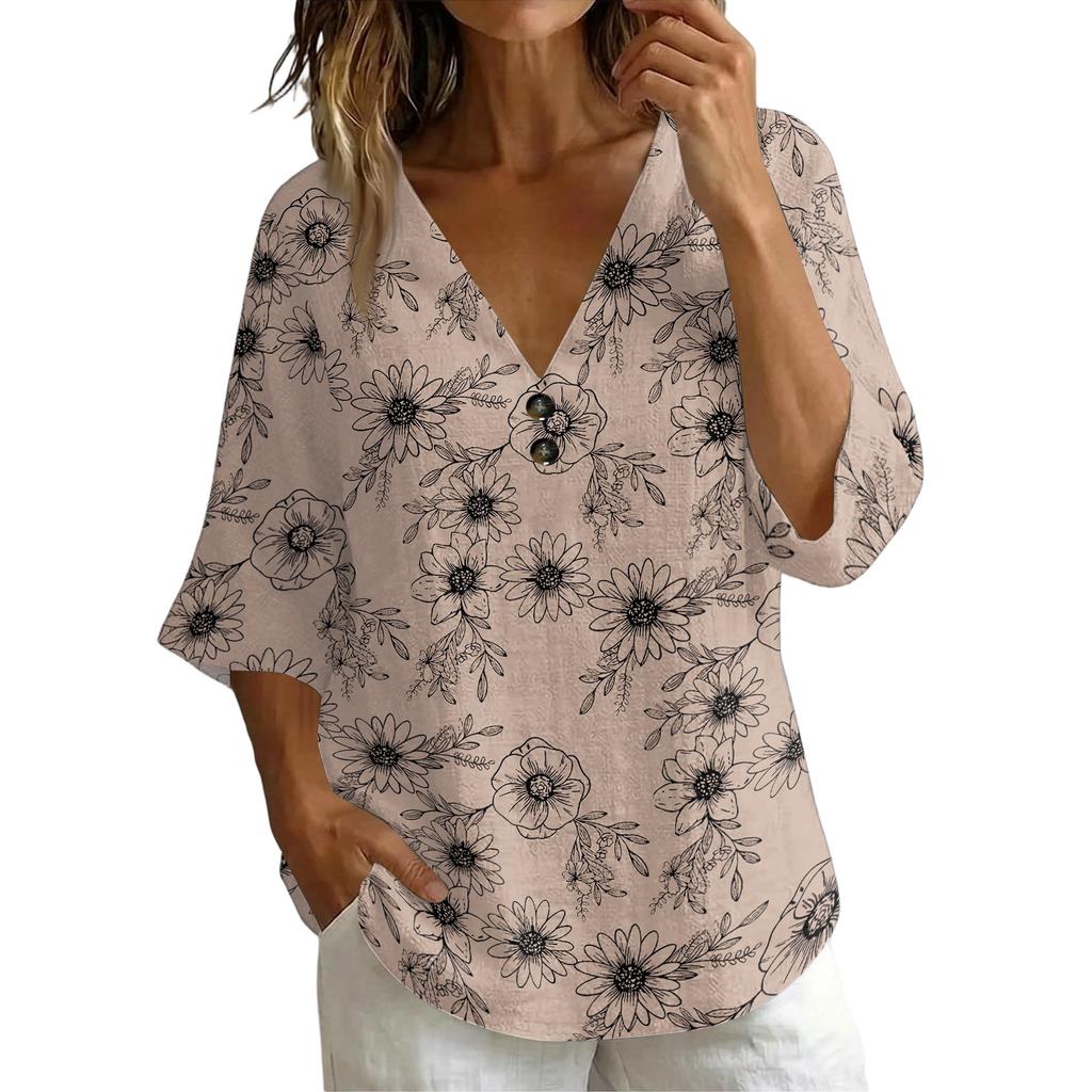 Women's Vintage Floral Print V Neck Loose Fit Short Sleeve T Shirt Made of Linen Blend Fabric Casual Lightweight Top for Everyday Wear