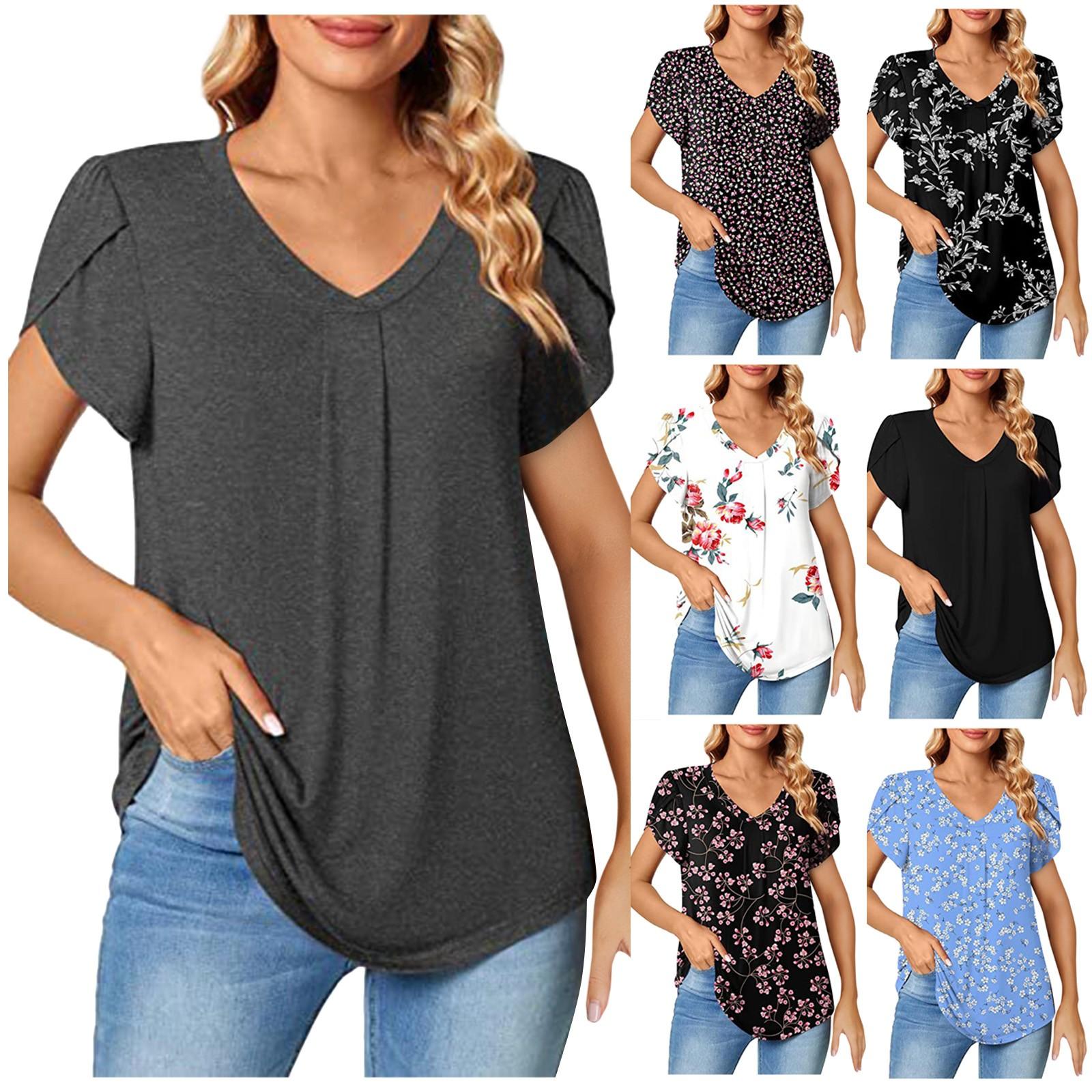 

Женская рубашка с рукавами-лепестками и V-образным вырезом с короткими рукавами, милая летняя повседневная футболка, свободная