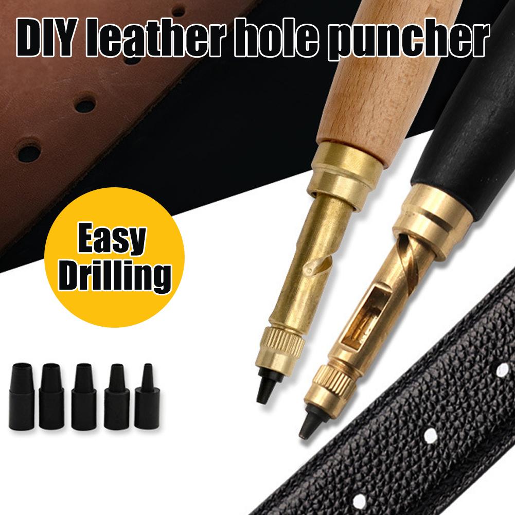 Leather Hole Punching Tool Automatic Puncher with Wooden Handle Hollow Hole Punch with 6 Tips for Leather Belt, Bag, Wristband