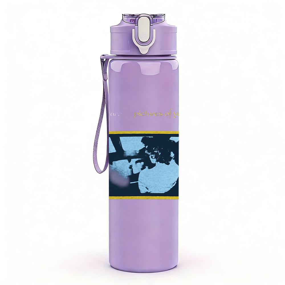 1PC Blue rectangular band album cover print 750ml colorful plastic sports water bottle leakproof pop up lid with straw for outdoor work home use