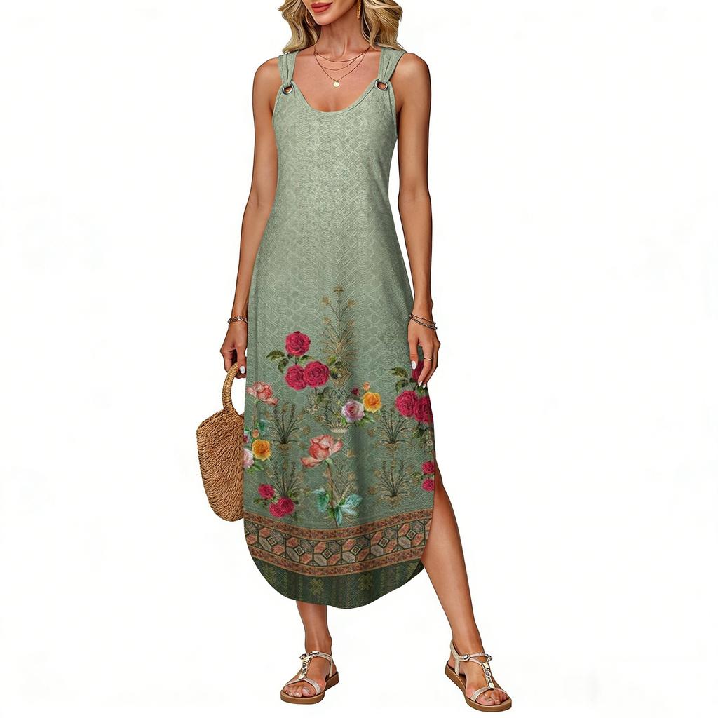 Women's summer long dress, sleeveless with side slits, long retro printed camisole dress