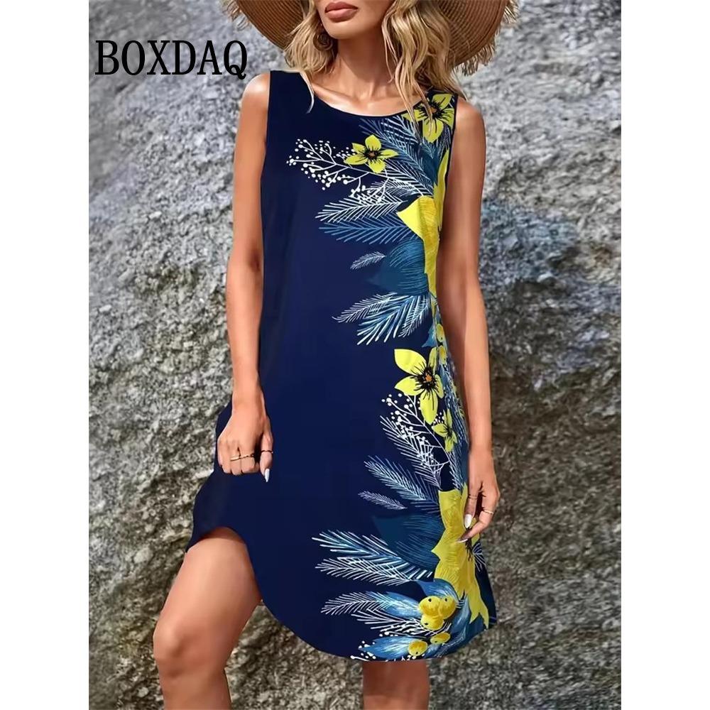 Sommer Retro Pflanzenblumen Druck Kleid Damen Rundhals Ärmellos Weste Kleid Lässig Urlaub Strand Locker Sommerkleid Damenkleid