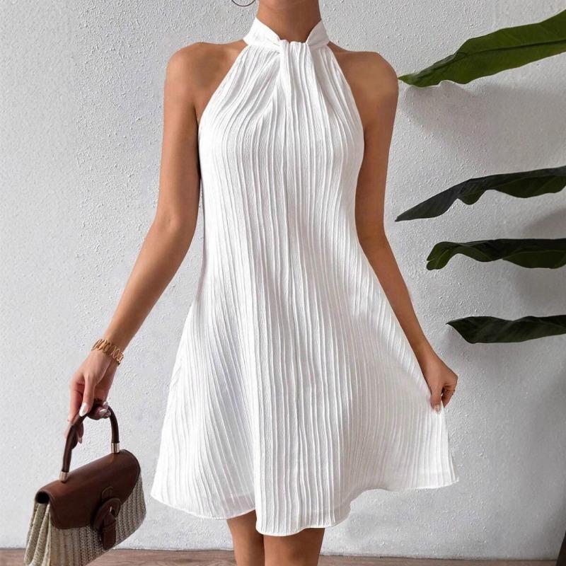 Summer Sleeve White Loose Dress Fashion Women's Hanging Neck Pleated Dress Party Casual Elegant Sweet A-line Short Dress Holiday Clothing