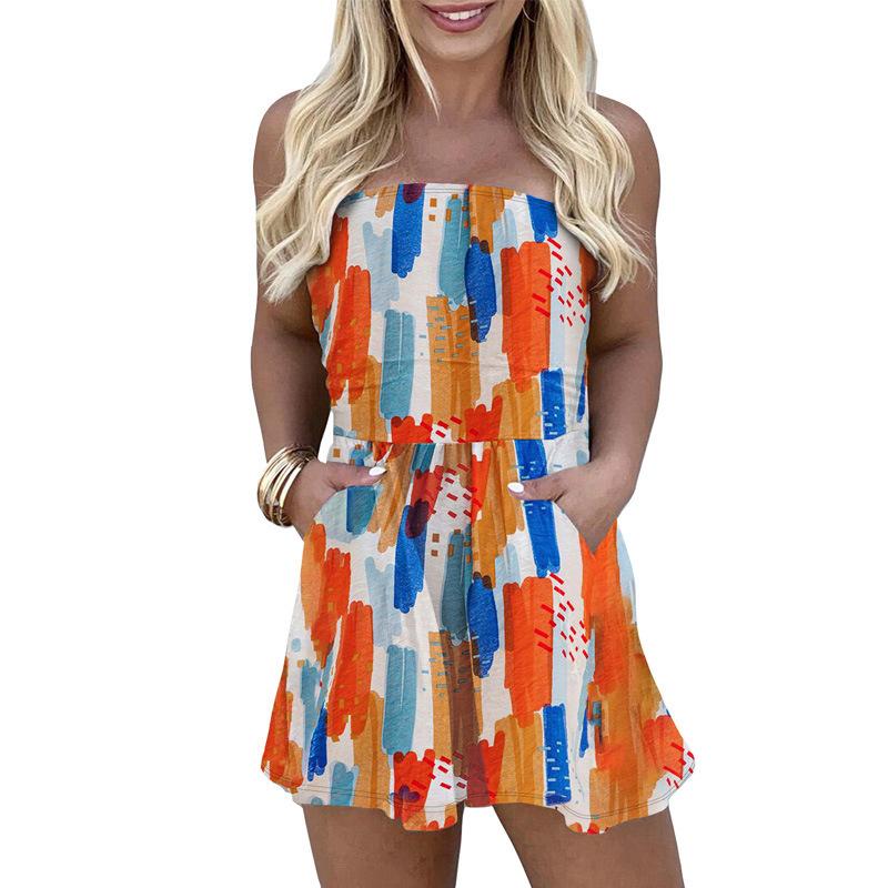 Women's Strapless Tube Top Elastic Waist Abstract Print Short Romper Casual Pocket Jumpsuit