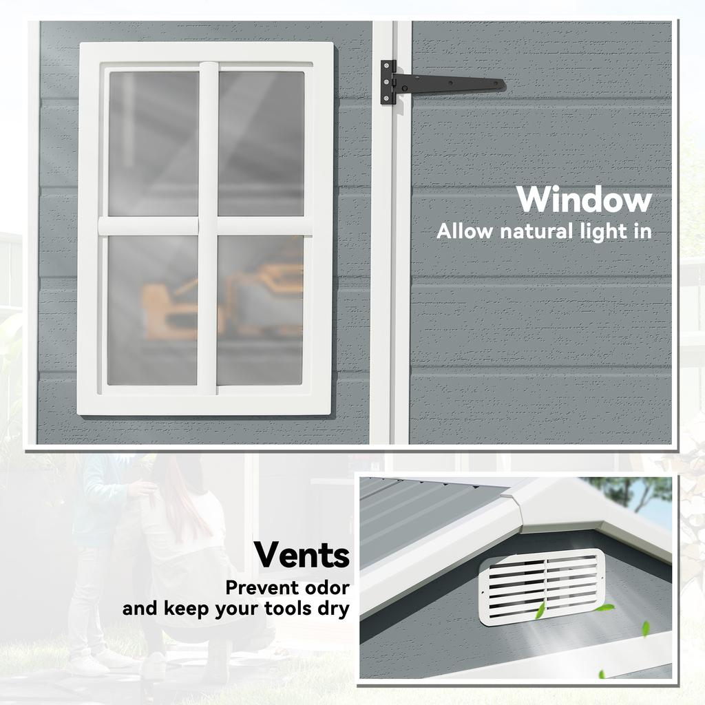 8 X 4 Ft Plastic Garden Shed, Wood-Effect Outdoor Storage Shed with Floor, Windows, Lockable Doors and Vents, Light Grey