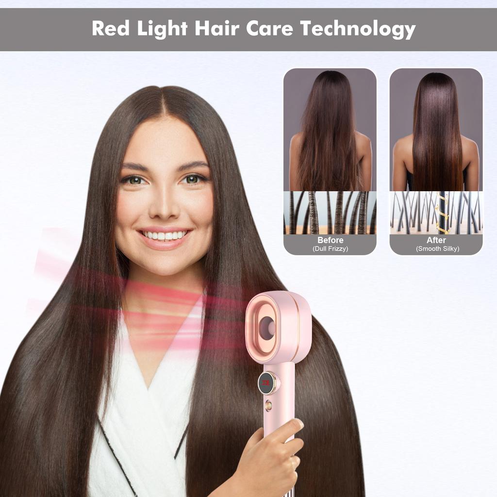 1400W High-Speed Hair Dryer with 110,000 RPM Brushless Motor, 20 MCelsiuss Airspeed, Red Light Hair Care Dryer, Magnetic Concentrator Nozzle, 5 Heat a