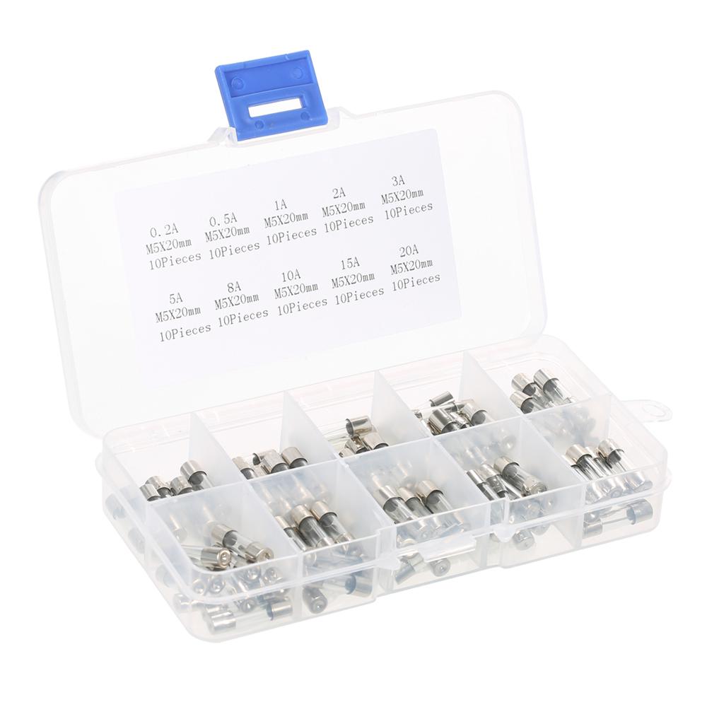 100pcs 5x20mm Fast-blow Glass Tube Fuses Assorted Kit Amp 0.2A 0.5A 1A 2A 3A 5A 8A 10A 15A 20A