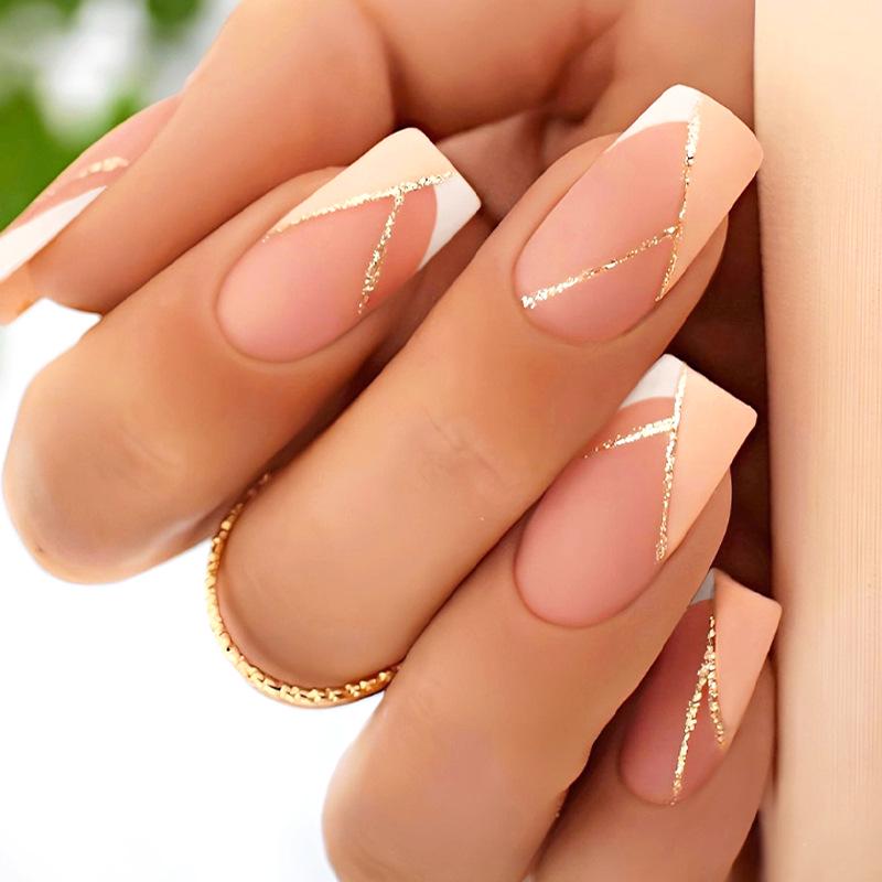 

Handmade French Tip Press-On Nails with Gold Glitter Stripes