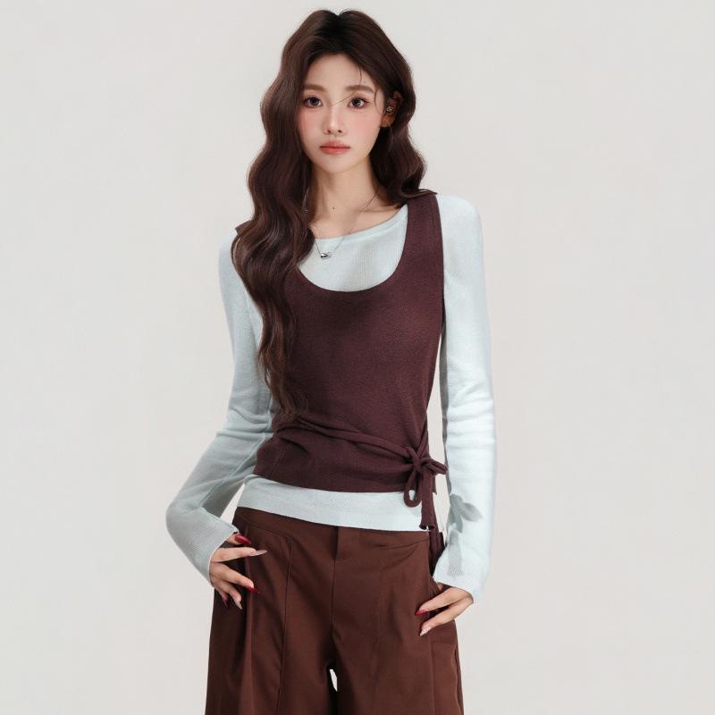 Korean Style Color Block Knit Vest Two-Piece Long Sleeve Women s Autumn Winter Top One Size