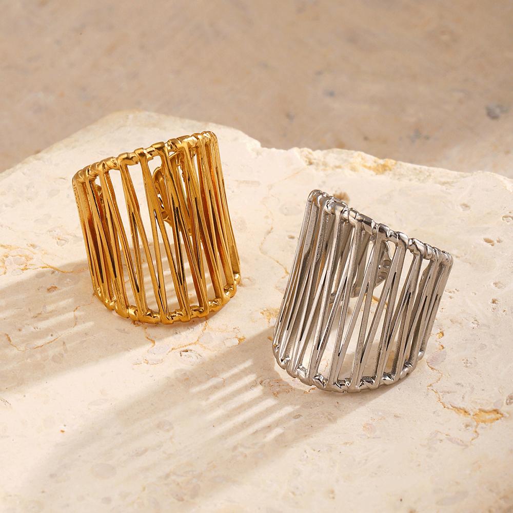 Stainless Steel Wide Ring Exaggerated Heavy Lines Personalized Hollow Hip-Hop Opening Adjustable Waterproof Ring Women's Jewelry