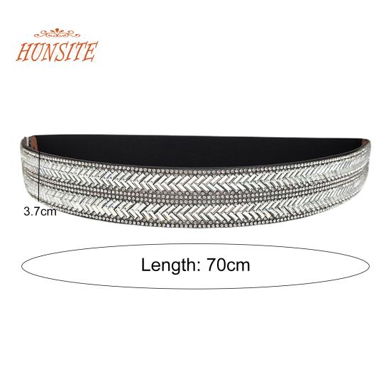 Women Belt Adjustable Elastic Band Shiny Rhinestone Wide Anti-slip Clothes Matching Anti-break Tight Waist Dress Waistband Clothes Accessory