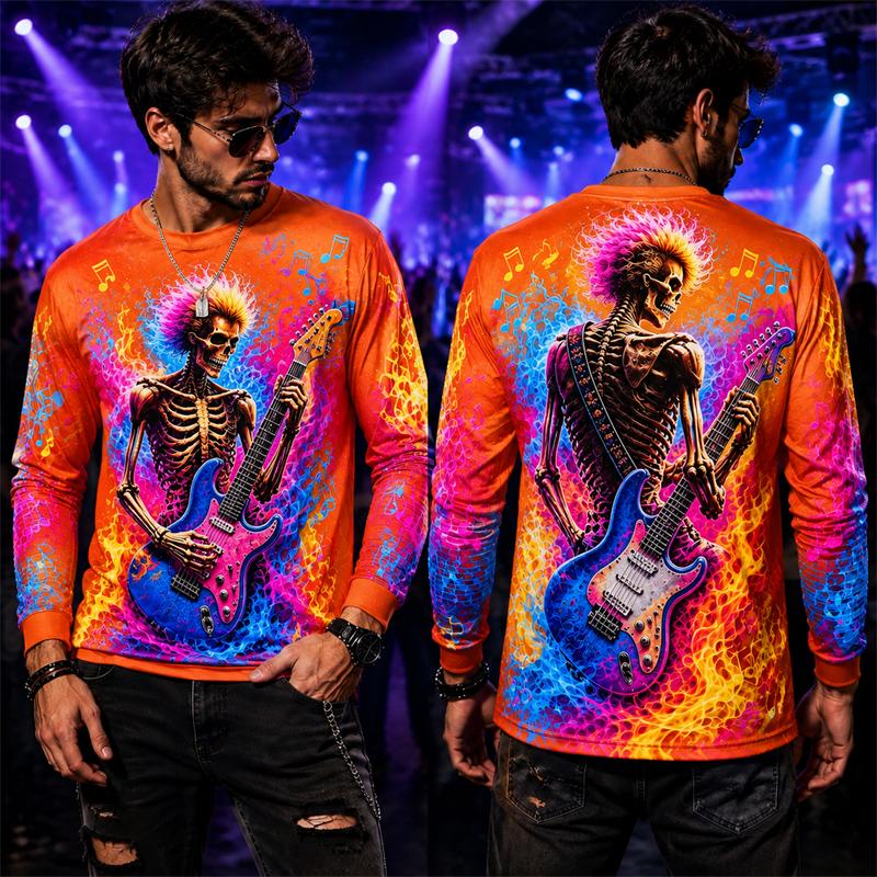 Halloween Punk Long Sleeve T Shirt Men 3D Print Cool Skeleton Guitarist Gradien Lightning Tee Music Festival Party Street Top