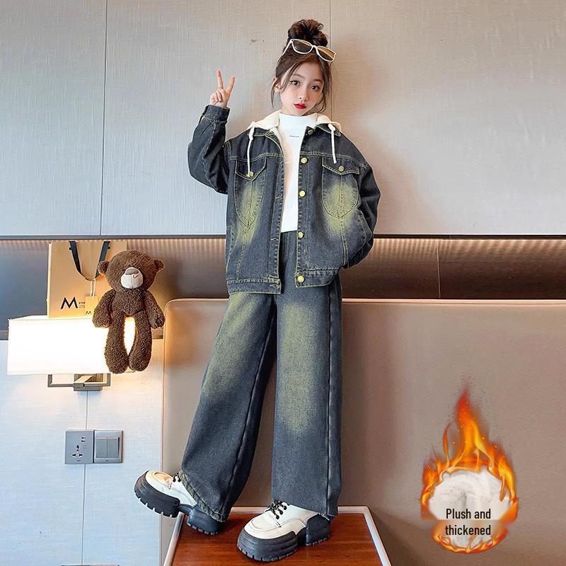 2025 Girls' Fleece-Lined Denim Two-Piece Set - Trendy Autumn/Winter Fashion for Middle and Big Kids
