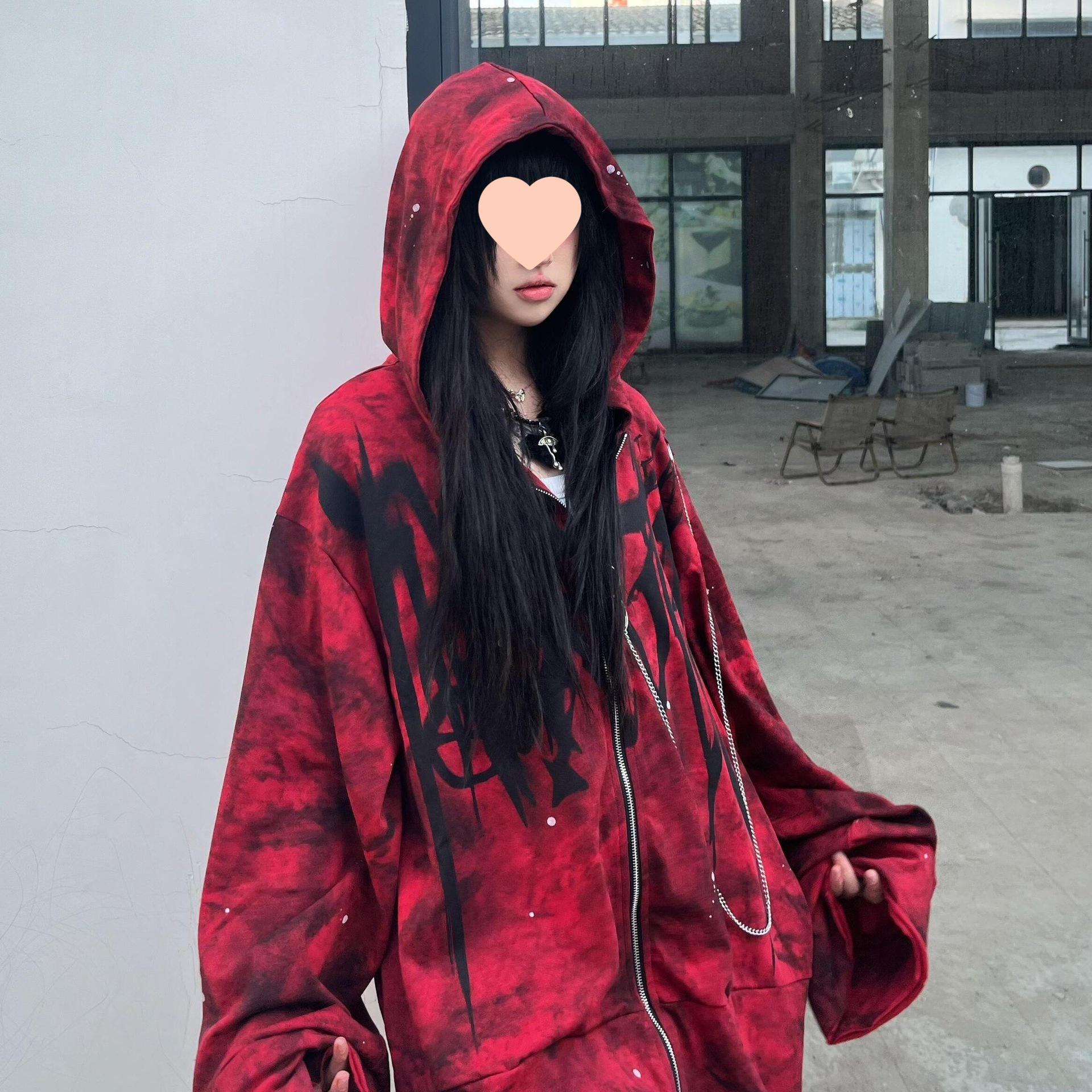 

Чорна та червона панк-рок готична куртка-худі - Кардиган на блискавці в стилі хеві-метал Small