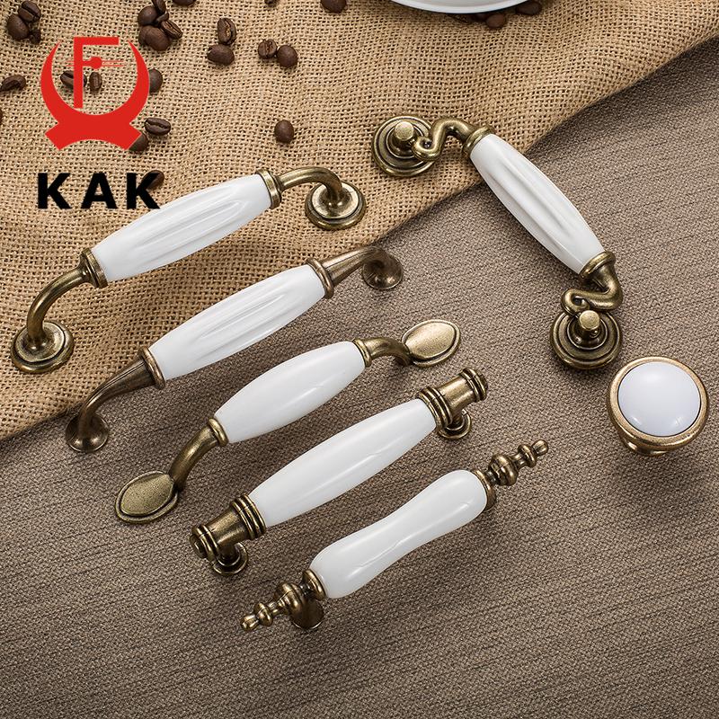 KAK Antique Bronze White Ceramic Cabinet Handles Zinc Alloy Drawer Knobs Wardrobe Door Handle Simple European Furniture Hardware