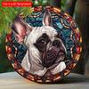 2d Flat 20*20cm, Spring Wooden Sign French Bulldog Theme Decoration, Round Wreath Decor, for Home, Kitchen, Garden, Bedroom, Bar Decoration.