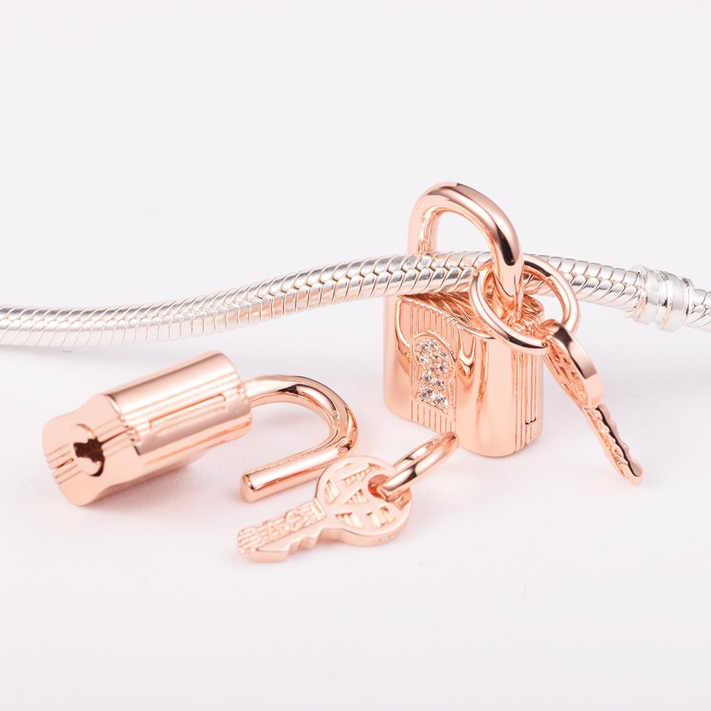 Rose Gold Plated Padlock and Key Dangle Charm 925 Sterling Silver Beads Fits Europe Bracelets DIY Jewelry Making 2022 New