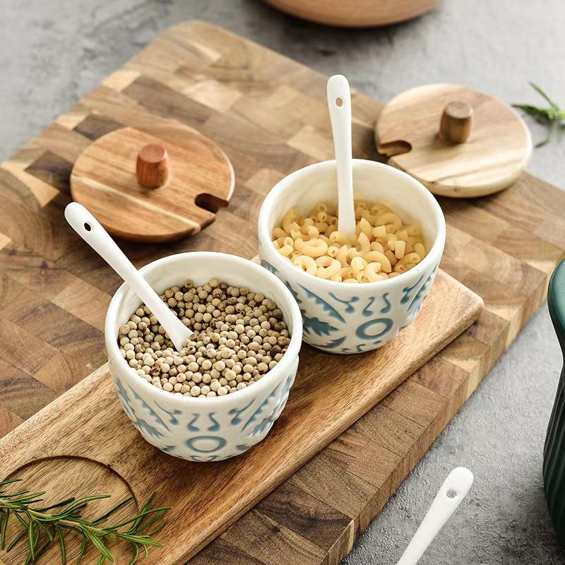 Japanese Seasoning Box Set: Three-Piece Embossed Ceramic Jars with Wooden Holder and Spoon