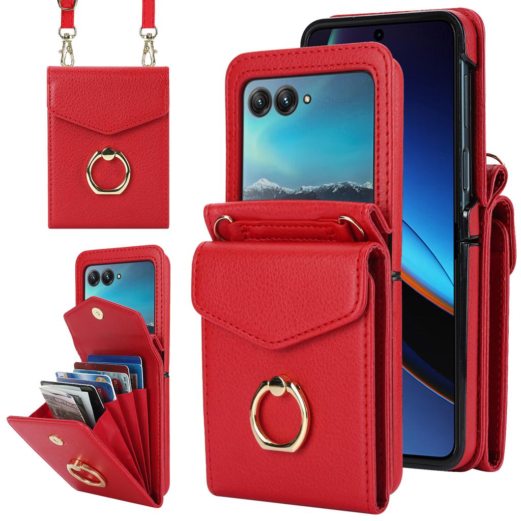Crossbody Cards Solt Wallet Leather Ring Holder Case For Motorola Razr 50 Ultra Razr50 40 Long Lanyard Pocket Bag RFID Cover