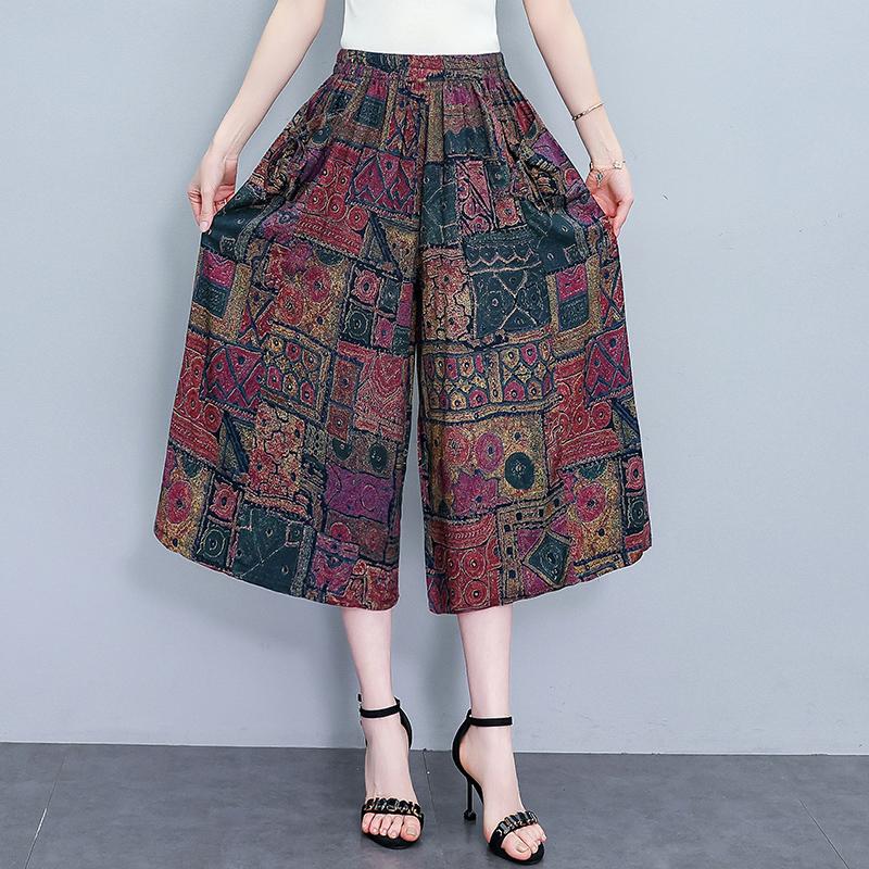 Letní kalhoty se širokými nohavicemi pro ženy Elegantní nadměrné velikosti Ležérní Elastický pas Sukňové kalhoty Vintage oblečení