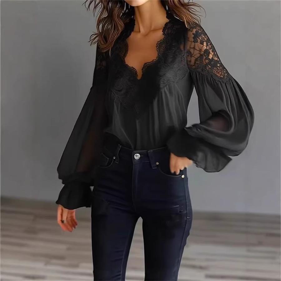Women's Lace Patchwork Bubble Sleeve Ruffled Shirt