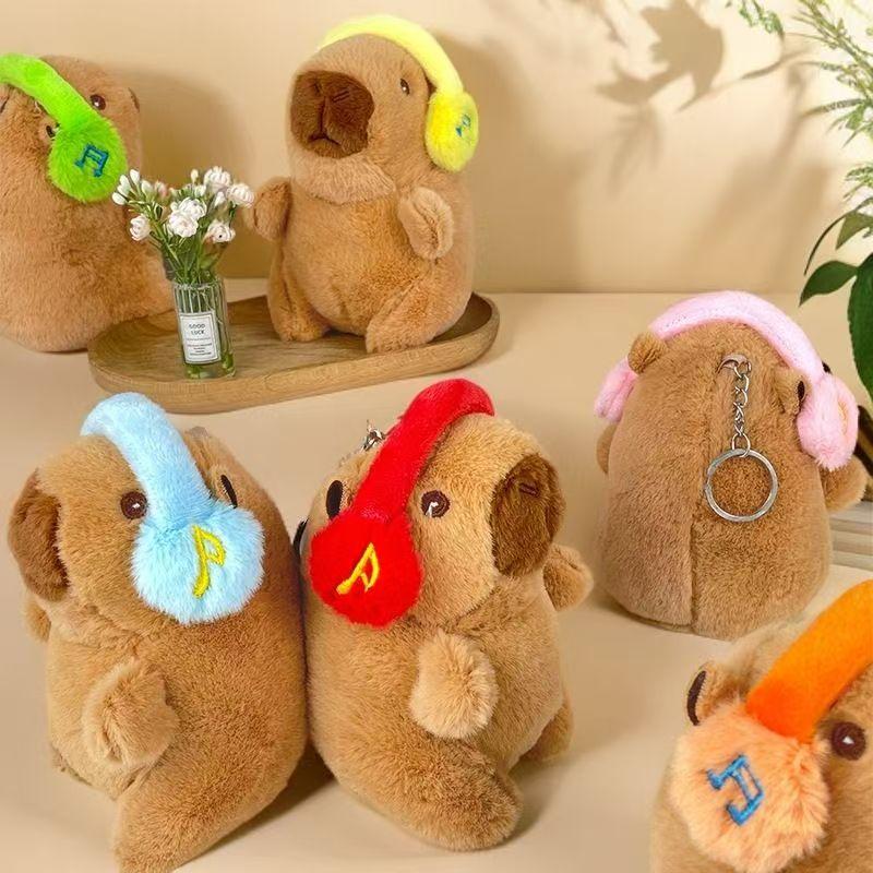 Capybara Plush With Headphones Head Cover Doll Key Chains Schoolbag Pendant Soft Stuffed Cartoon Animal Toy Gift