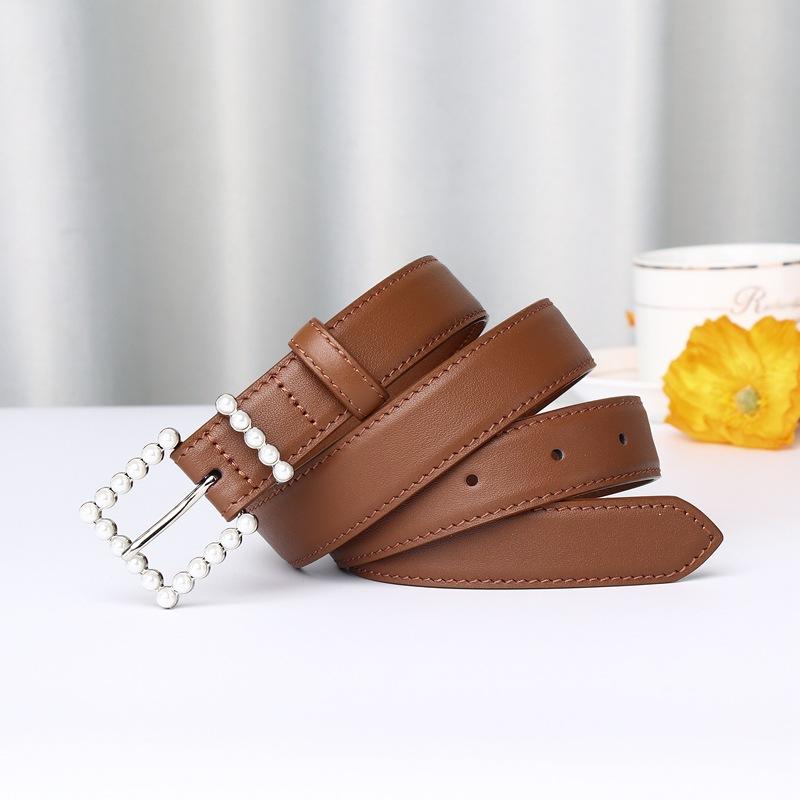 2.4Cm Wide Leather First Layer Cowhide Belt Women'S Versatile Pearl Button Head Fashion Trend Casual Pants Belt Women'S