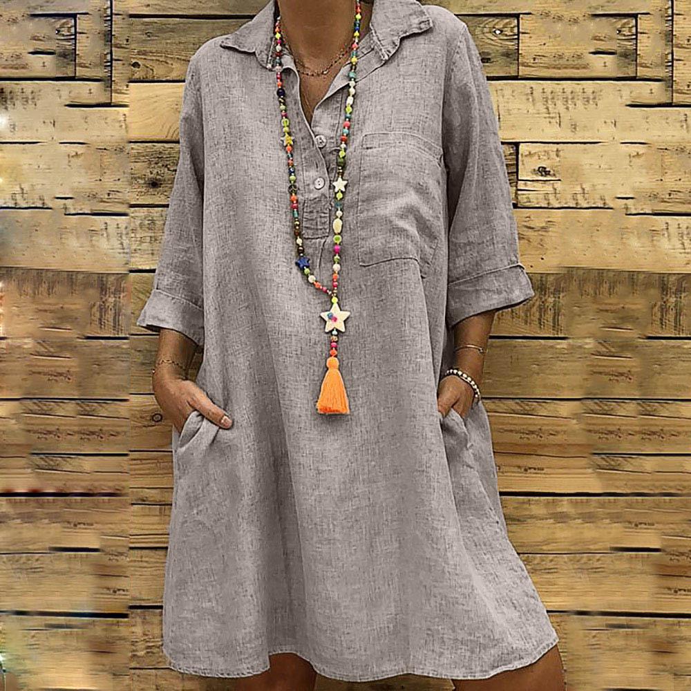 2023 European/American Style Long-Sleeve Cotton Linen Lapel Shirt Dress with Pockets
