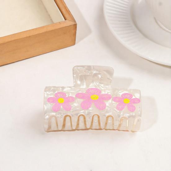 Hair Claw Strong Grip Hair Clip Ice-Clear Acetic Acid Material Floral Pattern Pearlescent Back Head Hair Claw Half-Tied Hair Accessory