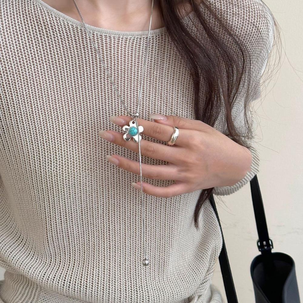 Metal Flower Flower Pendant Necklace Brown Stone Long Sweater Chain For Women