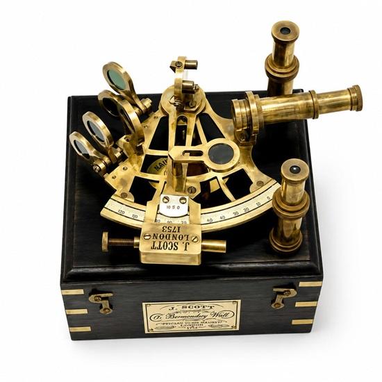Antique Brass Nautical Working Sextant with Wooden Box, Functional Maritime Navigation Instrument