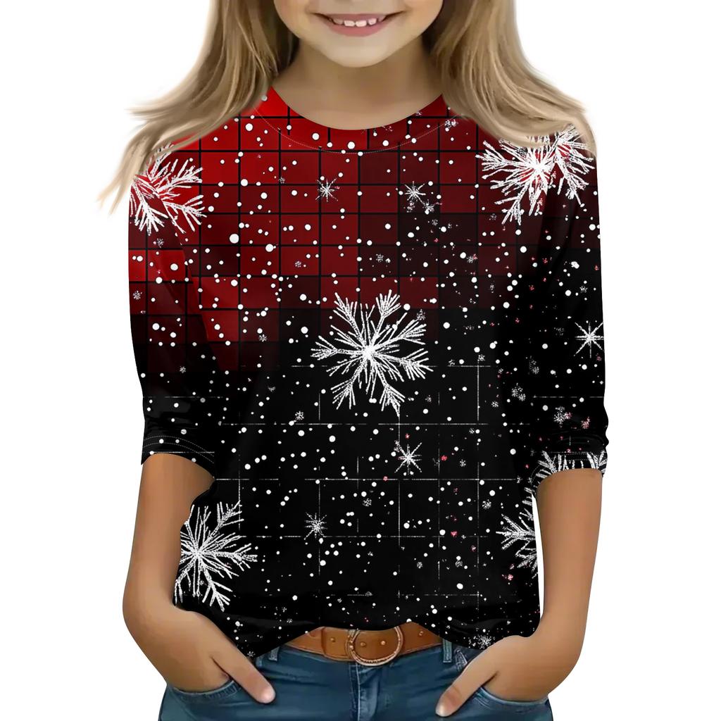 Christmas Day Print Tops For Youth Girls 5-16 Years Round Neck 3/4 Sleeves T-Shirts Trendy Tops Outfit Tees