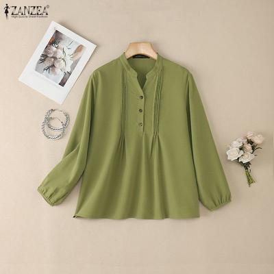 Women Casual V-Neck Solid Color Loose Long Sleeve Blouse