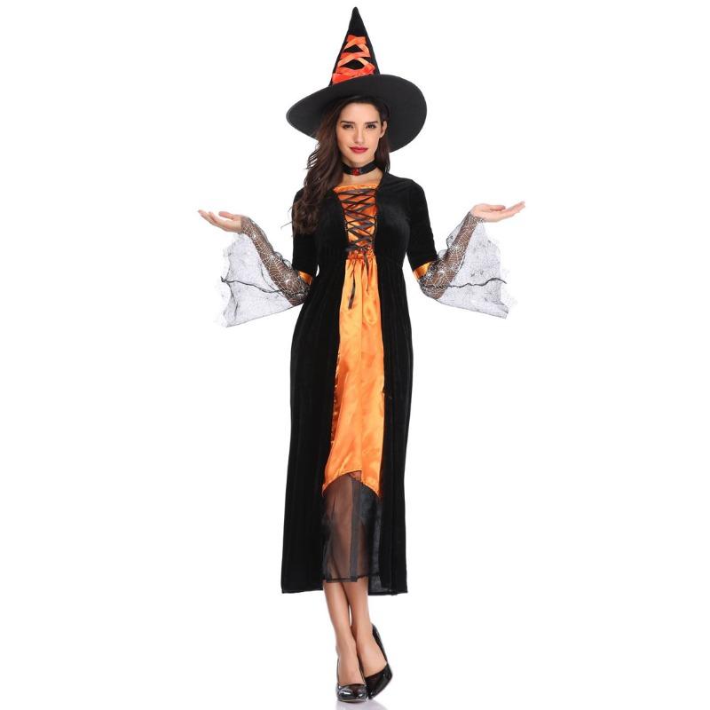 Spider Web Orange Witch Costume, Halloween Costume, Wizard Costume Masquerade Witch Costume