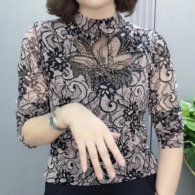 Nuova Maglietta Primaverile a Collo Semi Alto con Maniche Lunghe e Dettagli Cut-Out per Donna Versatile Elegante Top con Strass