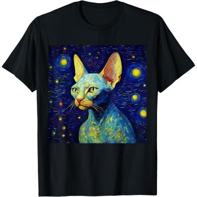 Surreal Starry Night Sphinx Cat T-Shirt for Men Women Girls Kids