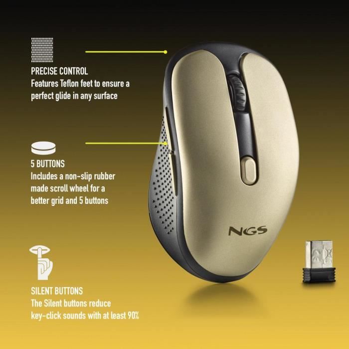 NGS EVO RUST GOLD - Souris Sans Fil Rechargeable 2,4 GHz,Touches Silencieuses,3 Niveaux De Résolution,Conçue Pour Les Droitiers,D'or