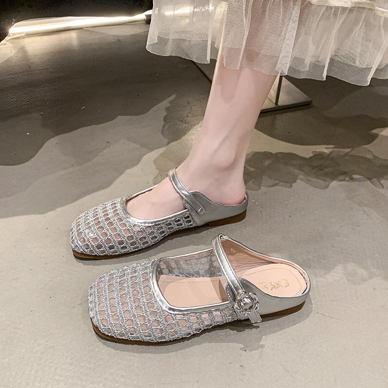 Fashion Mesh Breathable Flat Slippers Women Elegant Weaving Shallow Mary Jane Shoes Comfort Buckle Casual Shoes Zapatos