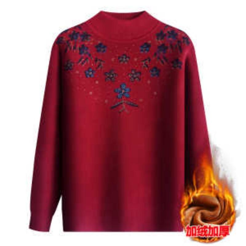 

Мамин осінньо-зимовий светр з плюшем для жінок середнього віку, товстий пуловер з напіввисоким коміром, тепла базова сорочка, вільний 4XL червоний