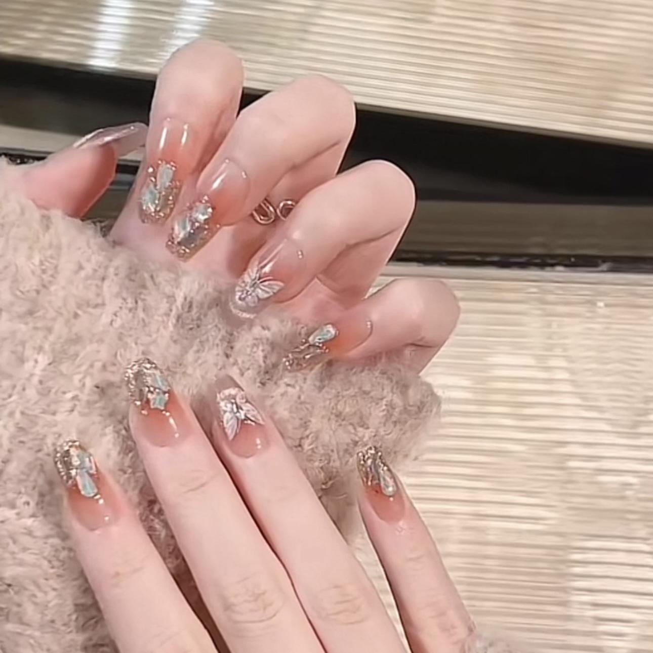 Handcrafted Fairy Butterfly Gold Cat Eye Blush Nail Art - Popular TikTok Trend