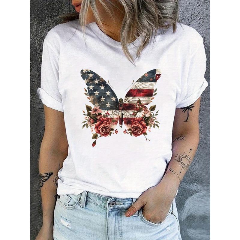 European sizes Women s Vintage American Flag & Floral Butterfly Print T-Shirt - Distressed White Short Sleeve Crew Neck Top S